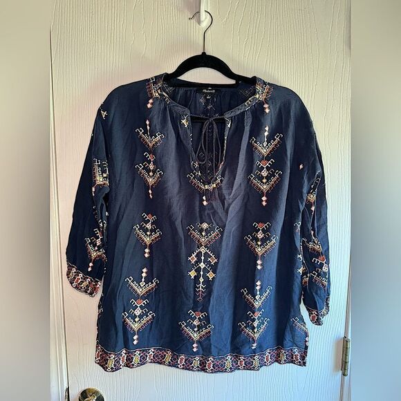 Madewell‎ Marta Folkstitch Popover Peasant Boho 3/4 Sleeve Blouse Top Size Small - Picture 2 of 9
